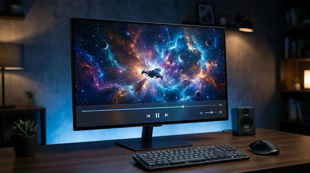 A laptop displaying a high-definition media player interface with a vivid 4K landscape